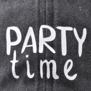 Washed cotton baseball cap with Party Time lettering in a distressed dark gray finish
