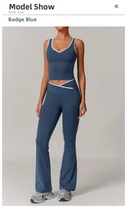 Front view of emblem blue yoga set featuring V-neck contrast piping vest and flared leggings