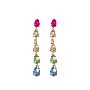 Rainbow drop earrings with multi-colored gemstones and gold finish on white background