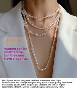 Detail view of 1.6m long natural freshwater pearl necklace with 3-4mm and 7-8mm beads