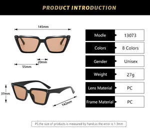 Detailed size chart for rectangular cat-eye sunglasses with lens and frame measurements