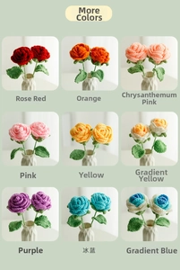 Detailed grid of nine colorful handmade crochet roses in ceramic vases for home decor