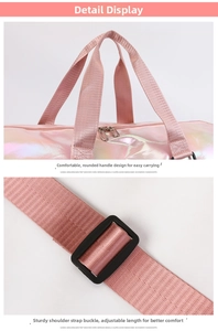 Holographic pink gym bag detail showing thick webbing handles and adjustable shoulder strap