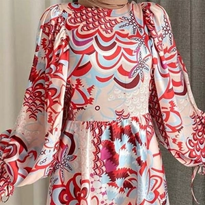 Robe longue pour femme à col rond avec imprimé floral et manches lanternes