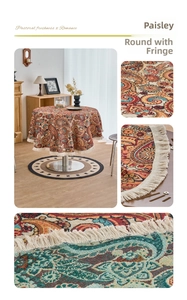 Detail view of round bohemian paisley tablecloth with thick fabric and white tassel fringe