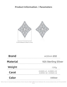 Detailed size specifications for S925 sterling silver diamond-shaped stud earrings