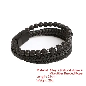 Bracciale da uomo a tre strati con perle di pietra vulcanica e cordoncino intrecciato
