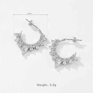 Irregular C-shaped silver earrings with drop zircon, 24mm diameter and 5.2g weight