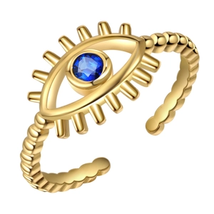 Retro golden evil eye open ring featuring a deep blue faceted stone and beaded band