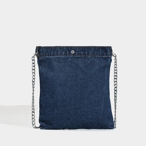 Street style navy denim shoulder bag with floral embroidery and silver chain strap