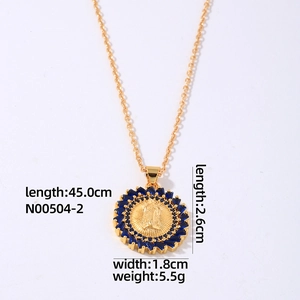 Detailed view of Virgin Mary necklace with blue zircon stones and size specifications
