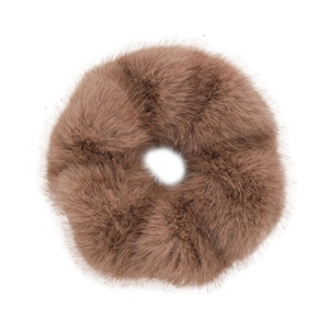 Brown faux mink fur scrunchie with soft plush texture for autumn winter hairstyles