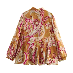 Women's paisley print long sleeve chiffon shirt in orange with pleated back detail