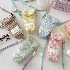 Quilted mini crossbody camera storage bags in five plaid colors with adjustable cords