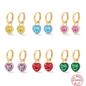 925 Sterling Silver Heart Huggie Hoop Earrings Gold Plated Zirconia Enamel Heart Dangle Earrings For Women Fashion Jewelry