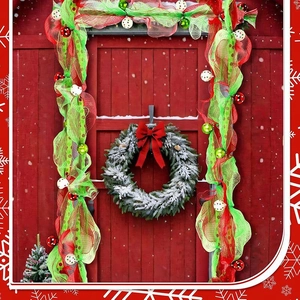 2.7m Christmas garland with red green deco mesh and festive ornaments on a red door
