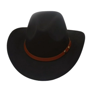 Detail of black western cowboy hat featuring brown leather band and bronze rivets