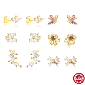 925 Sterling Silver Zirconia Stud Earrings For Women Tiny Fish Butterfly Flower Leaf Marquise CZ Small Earrings Jewelry
