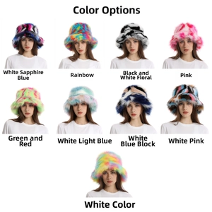 Grid view of various faux fur bucket hats in colorful camo and rainbow patterns