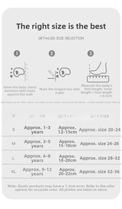 Detailed size chart and measurement guide for children's breathable cotton mesh socks