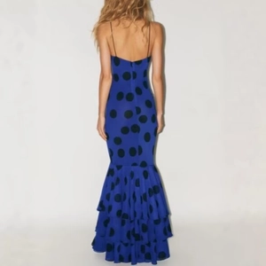 Blue polka dot vintage mermaid maxi dress with tiered hem and open back design