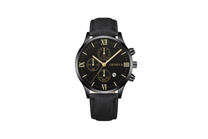 Detail of Geneva men's watch with black dial, gold Roman numerals and leather strap