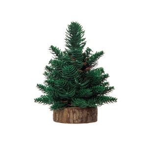 Miniature Nordic artificial pine Christmas tree with a rustic round wooden base for tabletop