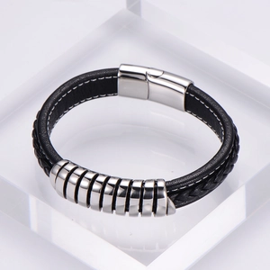 Men's punk braided leather bracelet with silver steel rings and magnetic clasp