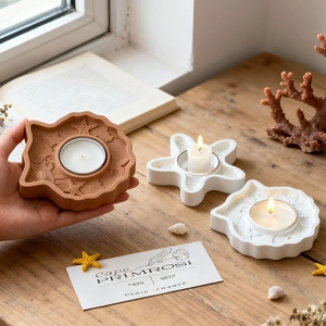 Ocean-themed starfish and seashell resin candle holder set with textured relief patterns