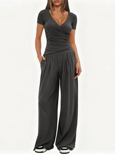 Women's dark gray two-piece set featuring V-neck short sleeve top and wide leg pants