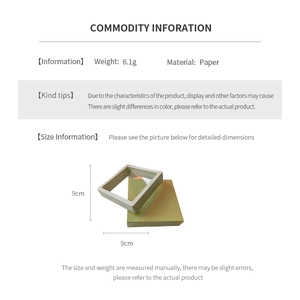 Detailed dimension guide for 9x9cm paper jewelry floating display case with specs