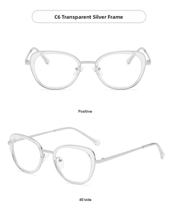 Detailed front and 45-degree views of transparent silver cat-eye eyeglass frames
