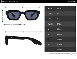 Detailed size chart for retro narrow sunglasses showing full frame dimensions and weight