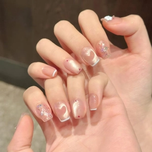 Light Blue Elegant Press On Nails ABS Plastic 3D White Flower Cat Eye Effect Sparkle Rhinestone French Style