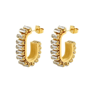 Elegant gold U-shaped hoop earrings featuring full rectangular zircon stone inlay for women