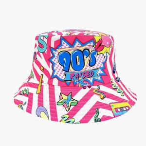 Detail of pink retro 90s graffiti bucket hat featuring boombox and star print patterns