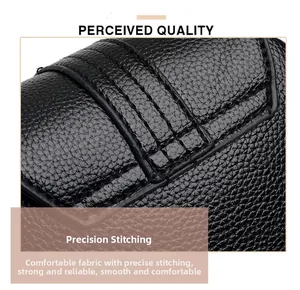 Close-up of durable precision stitching on black lychee grain leather crossbody phone bag