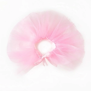Close-up of pink pet tutu dress with multi-layered mesh fabric and elegant ribbon bow detail