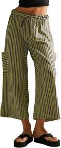 Detail of colorful vertical striped wide-leg pants featuring elastic waist with drawstring
