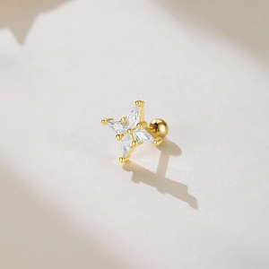 Close-up of golden S925 silver star earring with four zircons and screw ball back