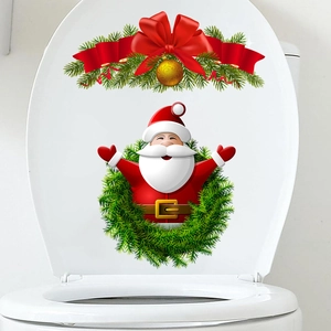 Christmas Santa Claus toilet seat decal with green wreath and golden bells decoration