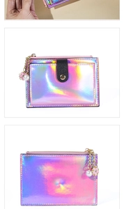 Detailed views of ultra-thin holographic pink card holder with golden flower charm chain