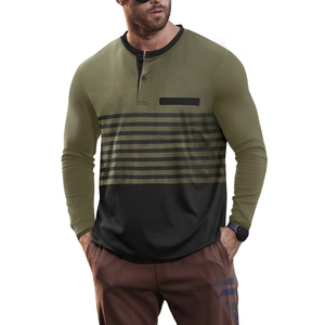 Detail of waffle knit olive and black striped Henley shirt with front pocket