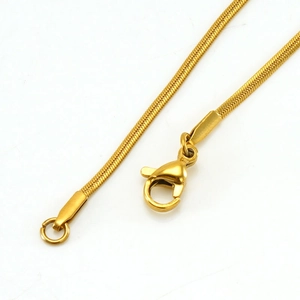 Gold-plated stainless steel snake chain necklace with secure lobster clasp on white background