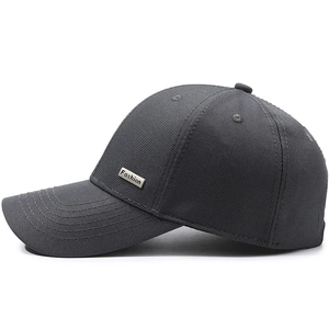 Men's dark grey baseball cap with metal fashion logo and breathable textured fabric