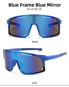 Front and side view of blue square frame cycling sunglasses with blue mercury lenses