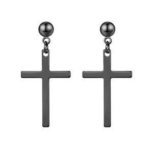Minimalist matte black stainless steel cross drop earrings for men and women