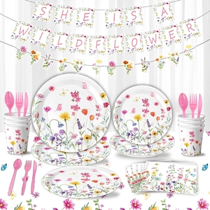Wildflower Party Decorations Disposable Tableware Butterfly Floral Paper Plates Cups Napkins Banners For Birthday
