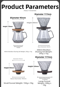 Detailed size chart for heat-resistant glass pour-over coffee pots with dimensions