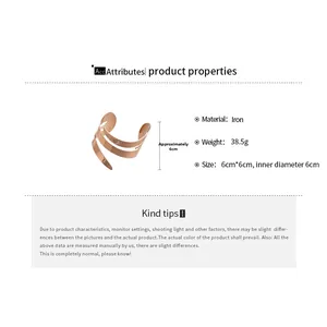 Detailed view of rose gold spiral iron bracelet with 6cm diameter and 38.5g weight info